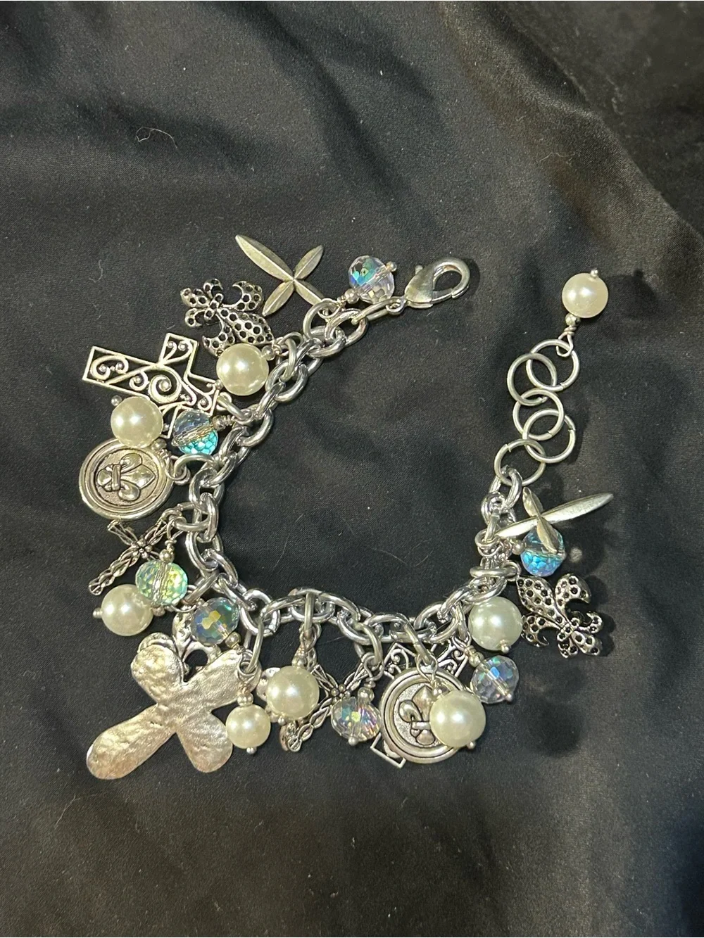 Silver loaded Charm Bracelet with Pearls and Iridescent Beads - Women's Jewelry